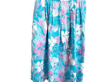 Vintage Hand Made Baby Blue Pink Floral Pleated Midi Skirt Women’s Size Medium