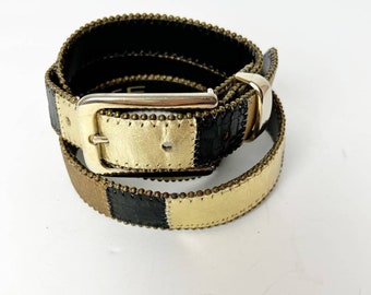 Vintage Elite Distressed Gold Black Patchwork Gold Buckle Belt Women’s Size S/M