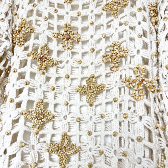 Vintage 90’s Cream Open Weave Wooden Beaded Tunic… - image 2