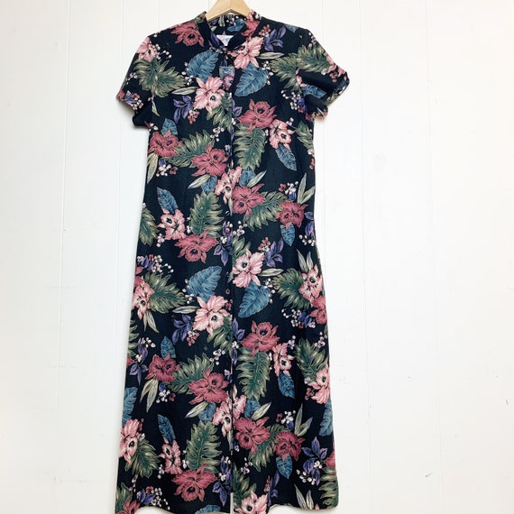 Vintage Lei Aloha Black Floral Maxi Dress Mandarin
