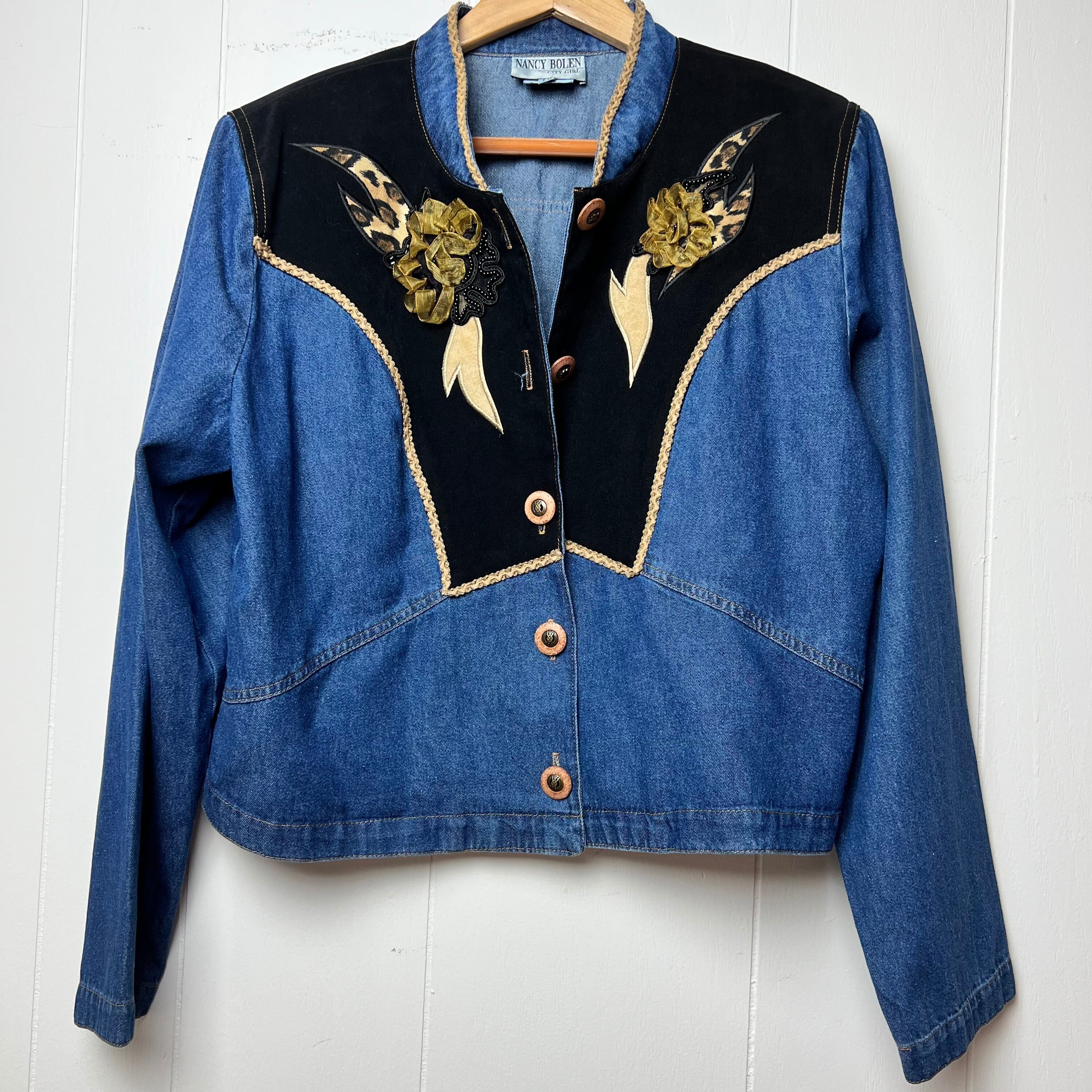 Vintage Nancy Bolen City Girl Denim Faux Suede Art to Wear Cropped Jacket  Large 