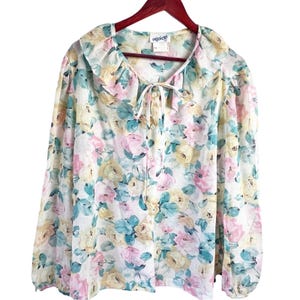 Vintage Pastel Floral Print Ruffle Collar Puff Sleeve Blouse Women’s Size 16
