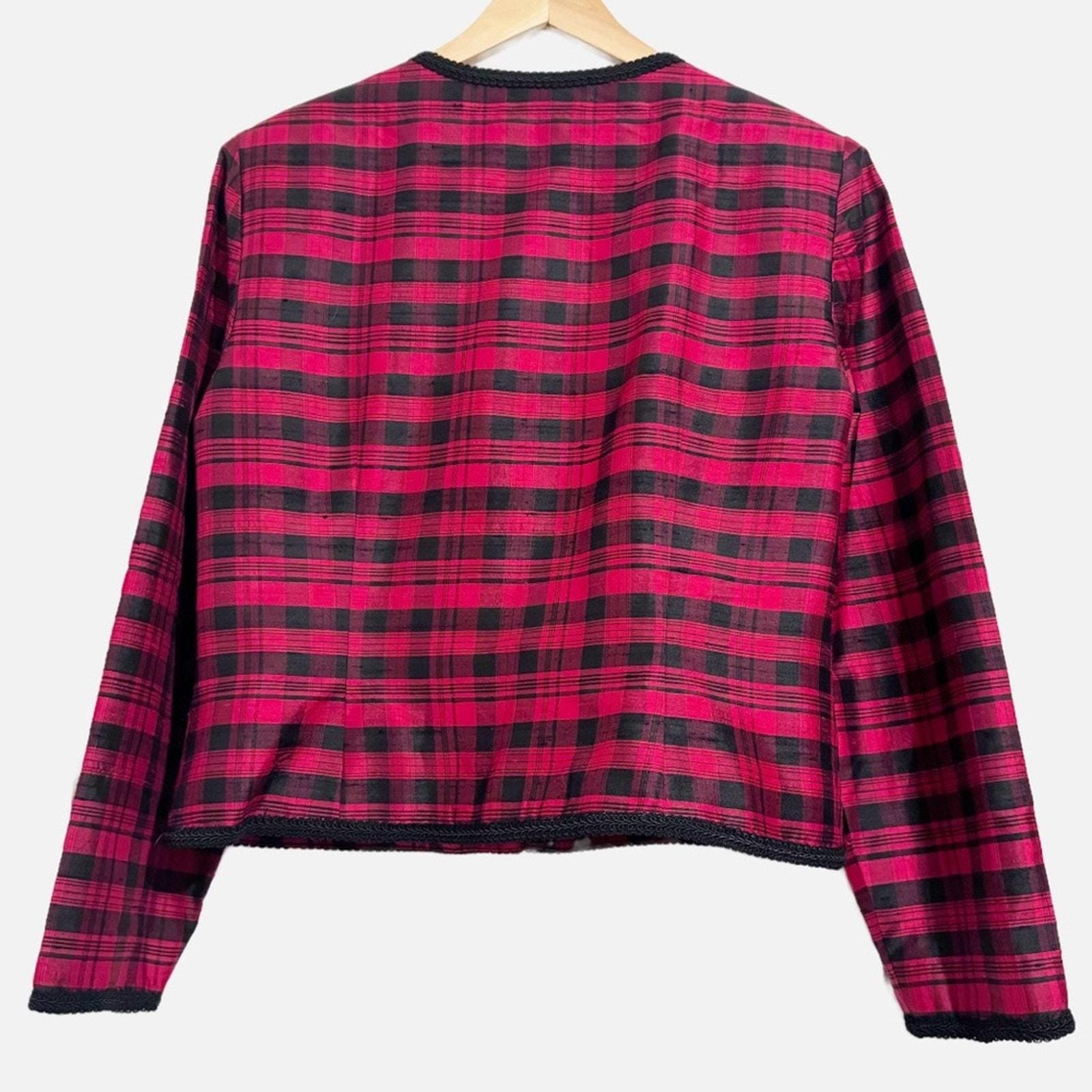 Vintage Maggy London Silk Red & Black Plaid Braided Cropped