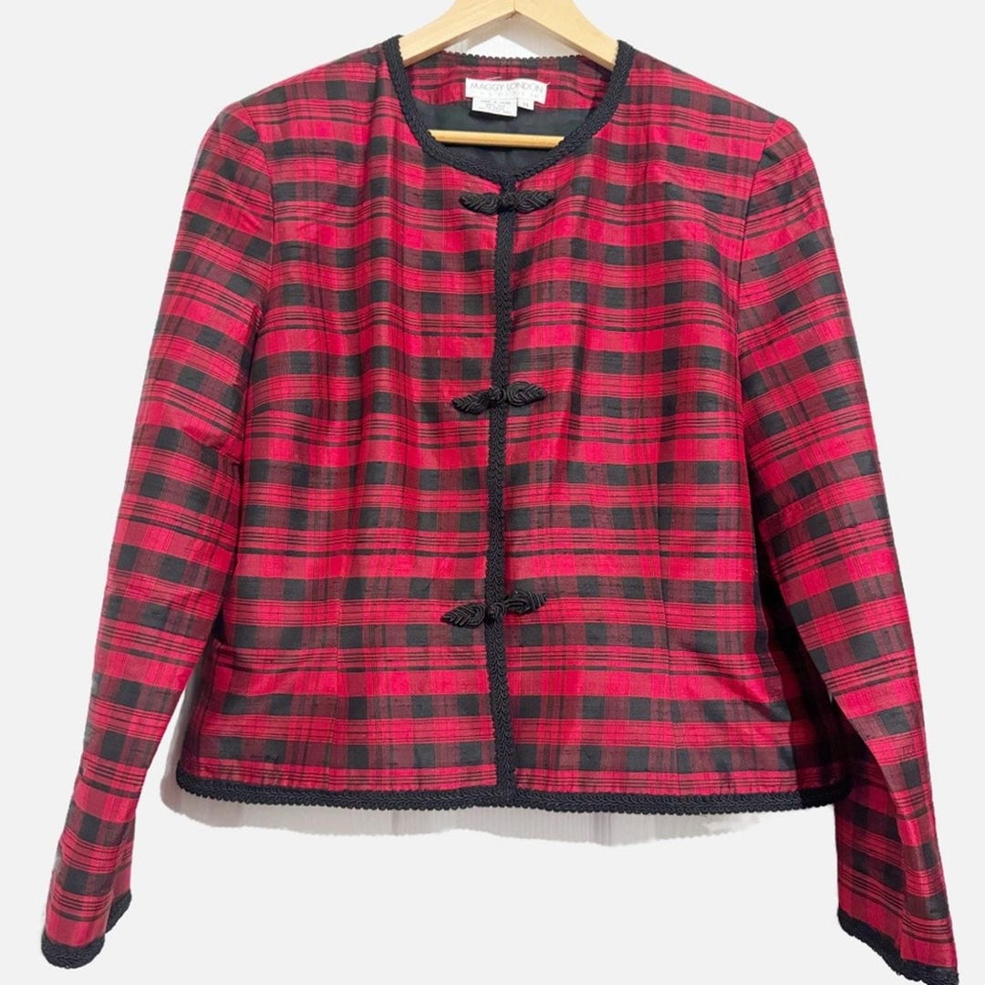 信頼も厚い Vintage Cropped Braided Plaid Black & Red Silk London Maggy Clothing