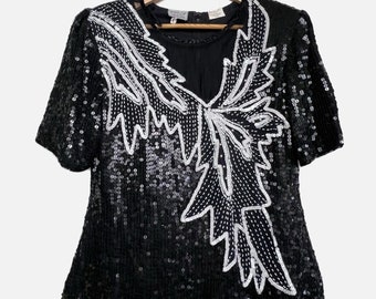 Vintage Stenay Beaded Sequin Silk Black White Evening Top damski Rozmiar M