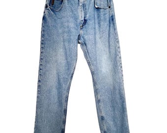 Vintage Wrangler Zniszczone Średnie Spranie Proste Nogawki 5 Kieszenie Jeansy Męskie 34x30
