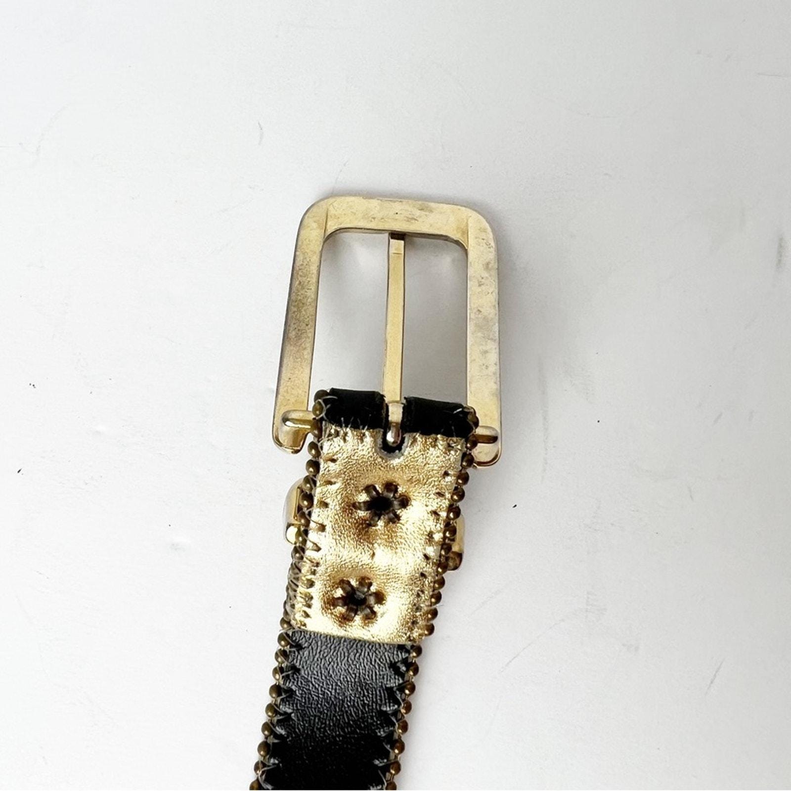 RARE VINTAGE ????Patchwork Belt with Gold Buckle Golden Western Antique Gold Floral Engraved Buckle Genuine  main image 4