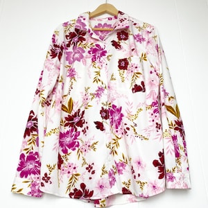 Vintage Pink Floral Hawaiian Print Button Up Tab Sleeve Blouse Women’s Size XL