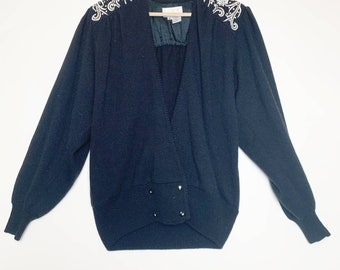 Vintage negro corderos lana Angora adornado abrigo suéter tamaño de mujer pequeño