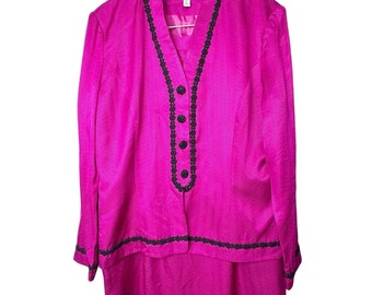Vintage pak Adrienne Pappell fuchsia zijde zwart gevlochten bies damesmaat Large