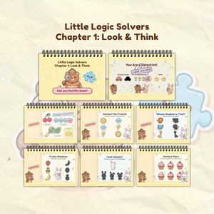 May include: A collection of children's logic puzzle books titled "Little Logic Solvers." Each book features a spiral binding and colorful illustrations of animals, fruits, and shapes. The cover of the first book reads "Chapter 1: Look & Think."