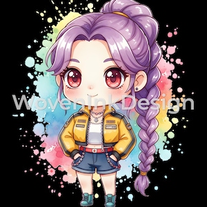 Peut inclure: Illustration de style chibi d'une fille aux cheveux violets tressés, vêtue d'une veste jaune, d'un haut blanc, d'un short en jean et de bottes. Le fond présente des éclaboussures de peinture colorées. Le texte "WovenInk Design" est inclus.