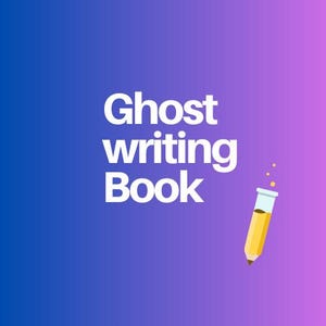 Könnte beinhalten: Grafik mit den Worten "Ghost writing Book" in weißem Text auf einem blau-violetten Farbverlauf. Ein gelber Bleistift mit einem Reagenzglas befindet sich in der unteren rechten Ecke.