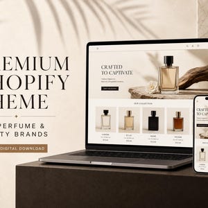 Peut inclure: Un ordinateur portable et un smartphone affichant un site web pour des marques de parfum et de beauté. L'écran présente le texte PREMIUM SHOPIFY THEME FOR PERFUME & BEAUTY BRANDS, INSTANT DIGITAL DOWNLOAD et CRAFTED TO CAPTIVATE avec des flacons.