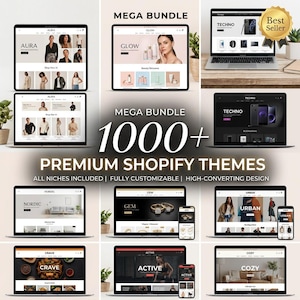 Può includere: Un display digitale che mostra un mega pacchetto di oltre 1000 temi Shopify premium. L'immagine presenta diversi schermi di laptop e dispositivi mobili che mostrano vari layout di siti web, tra cui Aura, Glow, Techno, Nordic, Gem, Urban, Crave, Active e Cozy.