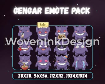 May include: A digital art pack featuring purple cartoon characters with various expressions and props. The text "GENGAR EMOTE PACK" is at the top, with size options listed below. The characters are in different poses, holding items like a drink, a sign, and food.