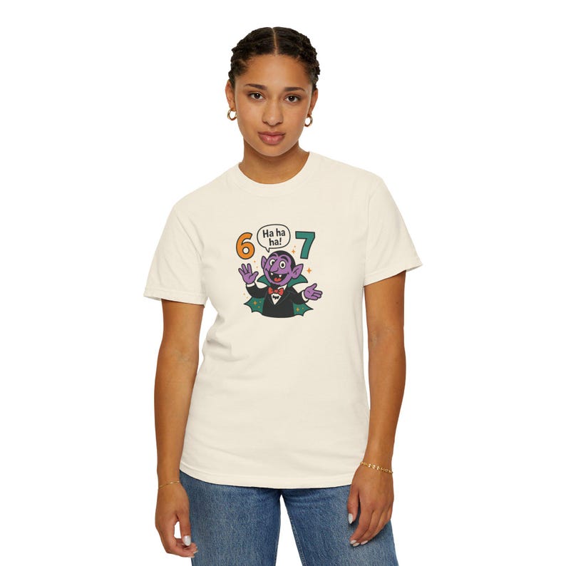 Funny Vampire 67 Shirt, Ha Ha Ha Trendy Tee, Retro Cartoon Vampire Count T-Shirt, Spooky Humor Top, Six Seven image 1