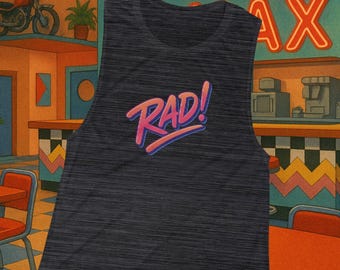 Rad! Women's Flowy Muscle Tank - Retro Graphic Tee, Summer Workout Top, Festival Outfit, Gift for Her, Trendy Activewear