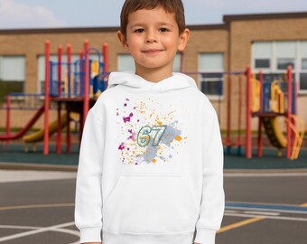 67 Youth Hooded Sweatshirt with Drip Design, Gift for Kids, Casual Wear, Birthday Present, Unique Street Style, 67, Six Seven