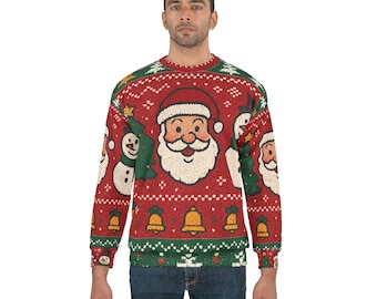 May include: A red Christmas sweater featuring Santa Claus, snowmen, Christmas trees, and bells. The sweater has a green neckline, cuffs, and hem. The design is a repeating pattern of festive holiday images.