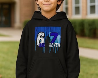 67 Youth Hooded Sweatshirt with Drip Design, Gift for Kids, Casual Wear, Birthday Present, Unique Street Style, 67, Six Seven