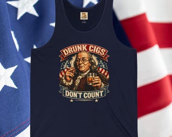Camiseta sin mangas patriótica de Ben Franklin con el mensaje "Los cigarrillos de borracho no cuentan", EE. UU.