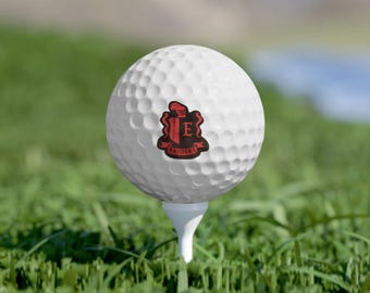 May include: A white golf ball with a textured surface, on a white tee. The ball displays a red and black emblem with the letter "E" and the word "RAIDERS". The background is green grass, typical of a golf course.
