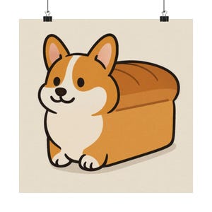 May include: A whimsical poster featuring a cartoon corgi dog with a loaf of bread body. The corgi has a white and brown coat, black eyes, and a smiling expression. The bread body is golden brown with textured lines.