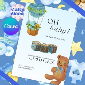 Baby Shower Invitation Boy Blue Teddy Bear Invite Template Editable Baby Card for Boy Hot Air Balloon Baby Invite Printable Party Invitation