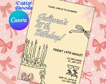 Coquette Invitation Editable Template Pink Girly Invite 18th Birthday Evite Retro Cake Heart Bow Party Digital Aesthetic Birthday Card