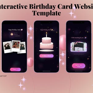 Puede incluir: Plantilla de sitio web de tarjeta de cumpleaños interactiva que se muestra en cinco teléfonos inteligentes. Las pantallas muestran elementos interactivos, incluyendo fotos, una tarta y texto. El fondo es un degradado rosa y blanco con decoraciones de estrellas y globos. El texto de la imagen dice "Interactive Birthday Card Website Template."