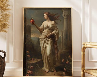 May include: Framed artwork showing a classical painting of a woman in a flowing gown holding a red apple. The artwork has a gold frame and depicts a landscape with columns and roses. The woman has red hair and is the focal point of the image.