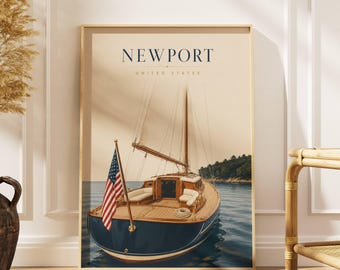May include: A vertical wall art print featuring a dark blue sailboat on calm water with a United States flag on the stern. The text NEWPORT UNITED STATES is printed in dark blue at the top. The boat has a wooden deck and white seating.