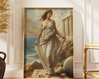 May include: A framed print of a classical painting showing a woman in a flowing white dress by the sea. The artwork features a classical columned structure in the background, with seashells and a serene sky.