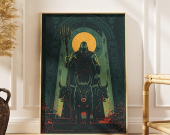 Hades and Cerberus Wall Art, Modern Greek Mythology Poster, Dark Fantasy Art Print