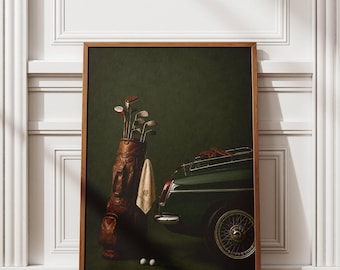 Vintage Golf Lifestyle Wall Art Print, Classic Car Golf Bag Poster, Old Money Country Club Decor, Masculine Office Artwork