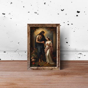 May include: A framed rectangular wall art print depicting a man with long dark hair in a dark robe and a woman in a white and pink gown standing between stone columns. Both figures hold red apples amidst a setting with flowers and foliage.