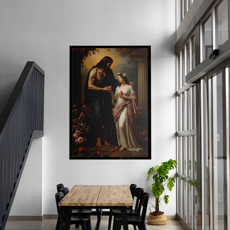 May include: A framed painting of a classical scene with two figures, a man and a woman, surrounded by roses. The man, in dark robes, offers a red fruit to the woman in a white gown. The artwork is displayed on a white wall above a wooden table and black chairs.