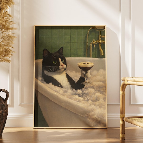 Tuxedo Cat Espresso Martini Bath Art Print  Whimsical Cat Lover Gift