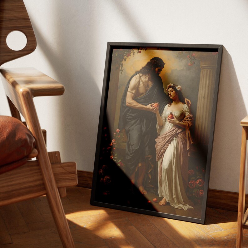 May include: A framed art print showing a classical scene. A figure in dark robes offers a red fruit to another in a white gown and floral crown. The artwork is set against a backdrop of roses and classical architecture, with a black frame.