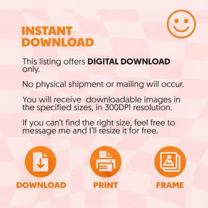 Op de afbeelding: Een oranje en witte digitale downloadafbeelding met de tekst "INSTANT DOWNLOAD". De tekst legt uit dat de aanbieding alleen een digitale download aanbiedt, zonder fysieke verzending. Pictogrammen voor downloaden, afdrukken en inlijsten zijn inbegrepen.