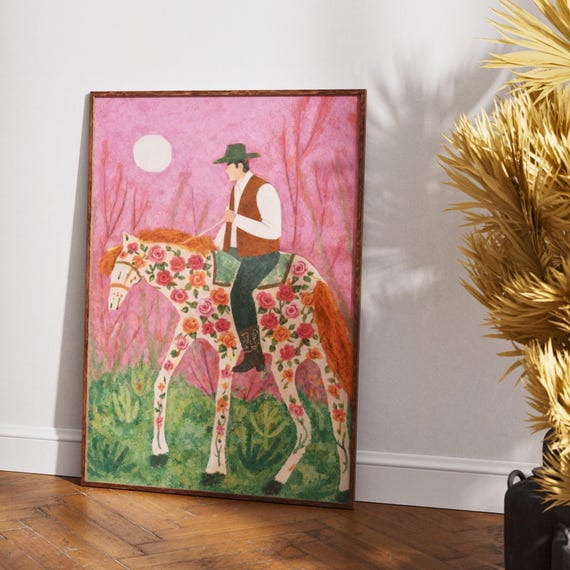 Surreal Cowboy with Floral Horse Downloadable Art Modern Western Home Decor Retro Pink Poster