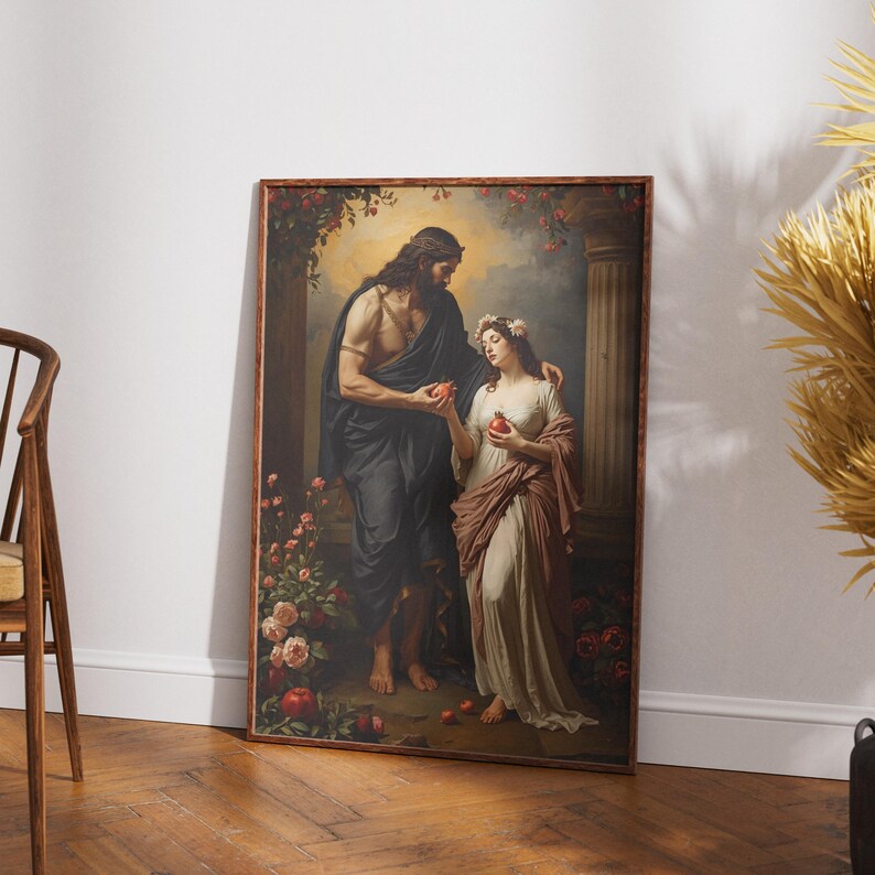 May include: A framed classical painting shows a man and a woman in a garden. The man, in dark robes, offers a red fruit to the woman, who wears a floral crown and gown. Roses and columns frame the scene, evoking a sense of classical art.