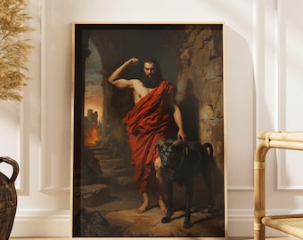 May include: Framed art print of a classical painting showing a man in a red robe with a black dog. The man flexes his arm, with a burning city in the background. The artwork is in a gold frame.
