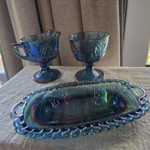 Vintage Indiana Glass Carnival Glass Harvest Creamer and Sugar Set with Tray