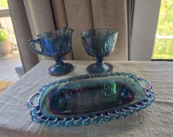 Featured listing image: Indiana Glass Carnival Glass Harvest Creamer and Sugar Set with Tray
