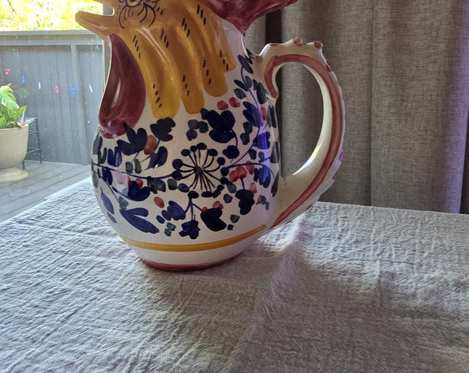 Featured listing image: Deruta, Italy hand painted ceramic "Rooster of Fortune" blue and pink