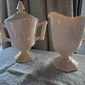 Jeannette Glass Baltimore Pears Pink Milk Glass Cream and Sugar Set