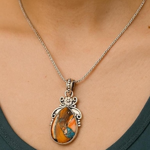 Handmade 925 Sterling Silver Pendant with Spiny Oyster & Turquoise Inlay – Boho Statement Jewelry