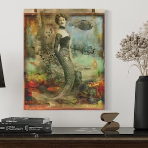 Vintage zeemeermin 8 x 10 16 x 20 vrouwelijke kunstprint vintage collage oceaanmuur hangend onder de zee, cadeau-idee voor woondecoratie